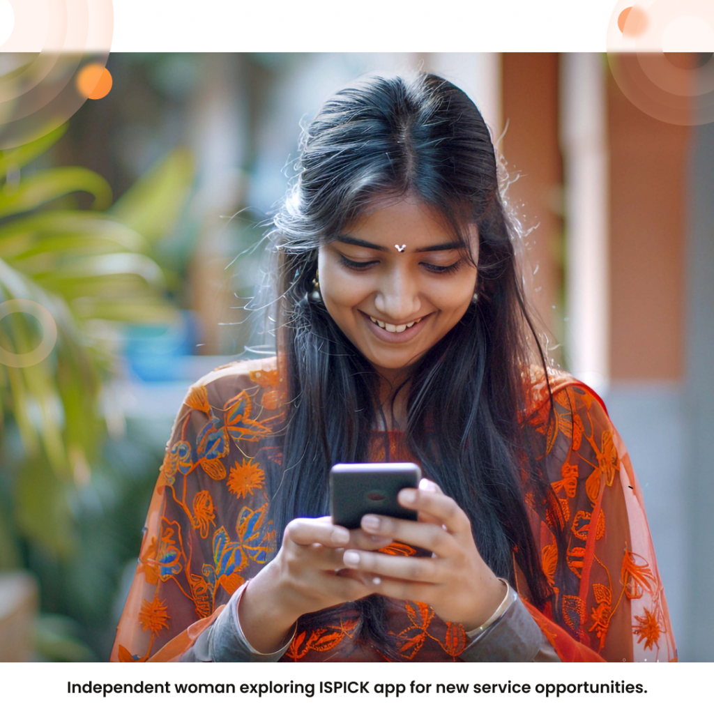 Independent woman exploring ISPICK app for new service opportunities.
