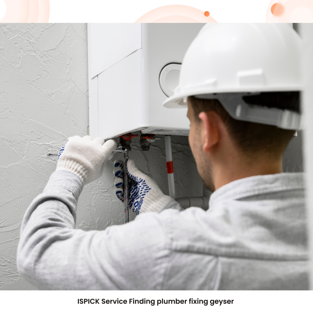 Service professional fixing geyser while Arjun smiles with relief.
Text: ISPICK Service Finding plumber fixing geyser