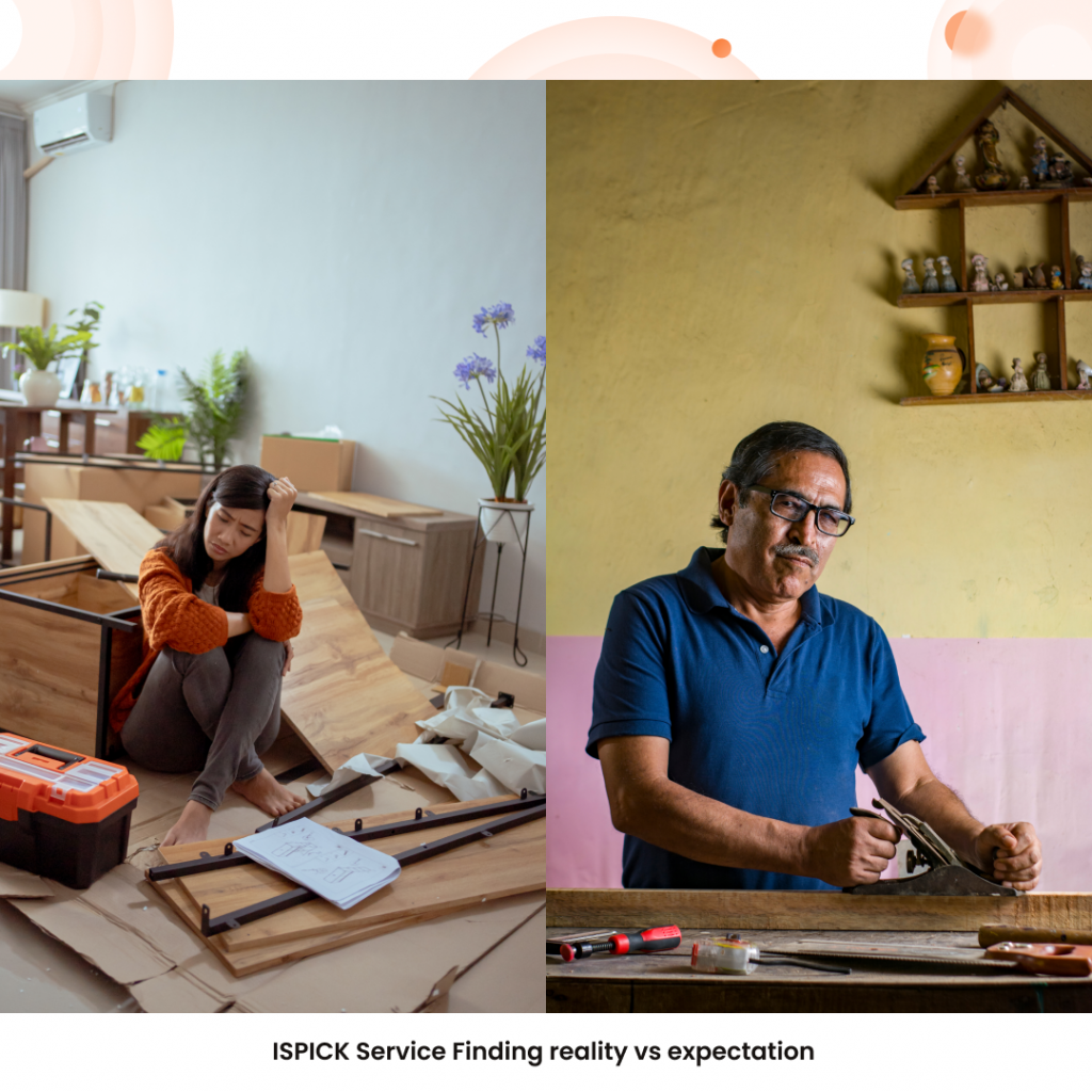 Split screen: Left side messy home repairs (traditional), right side ISPICK professional working confidently.
Text: ISPICK Service Finding reality vs expectation