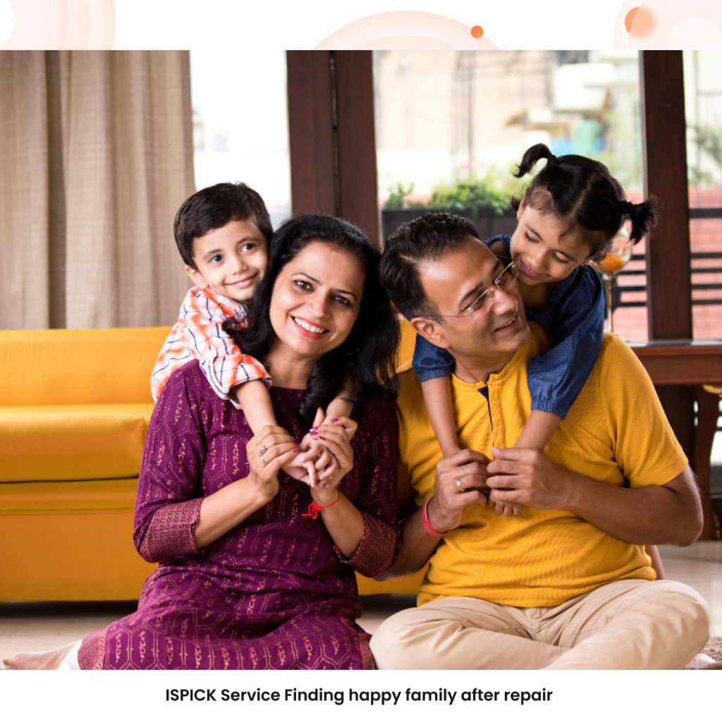Happy family sitting relaxed in their clean home after repair done.
Text: ISPICK Service Finding happy family after repair